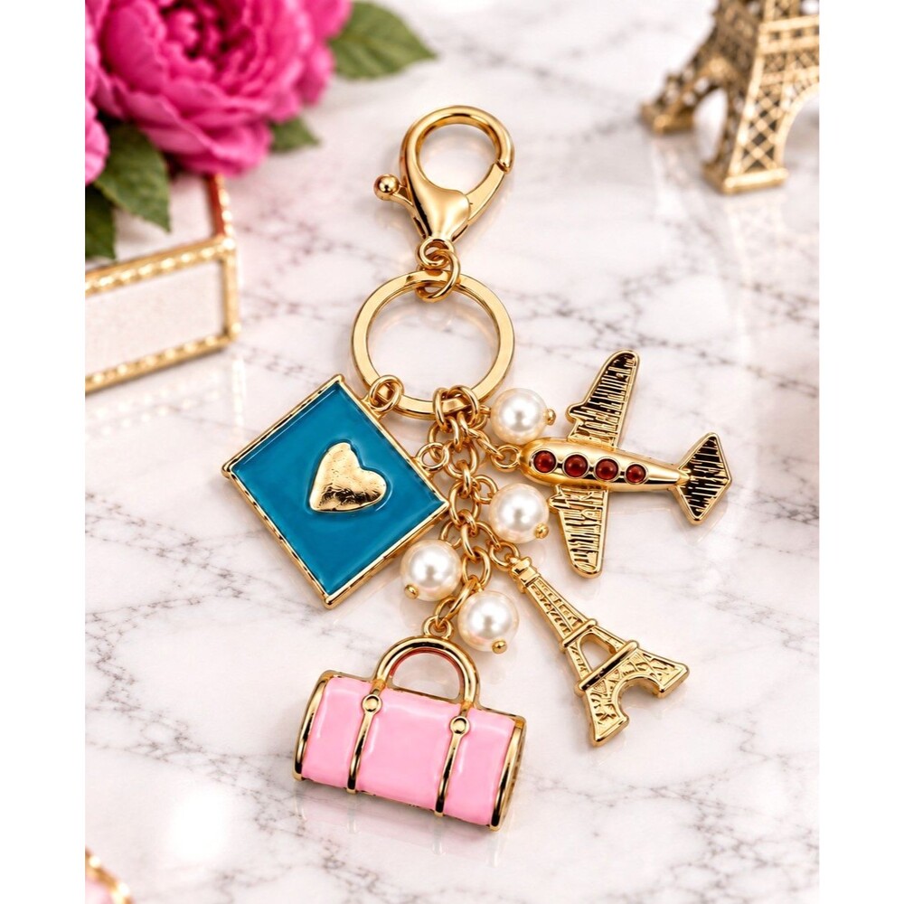 Paris Eiffel Tower Airplane Keychain Bag Charm Pink Pearl Gold Tone Zinc NEW